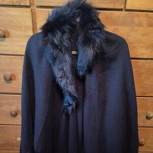 Torrid One Size Fits Most Blue Faux Fur Trim Belted Cover Up Ruana Wrap Sweater